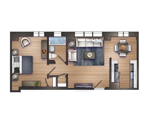 Floor plan for 1 bed, 1 bath, 735 sqft